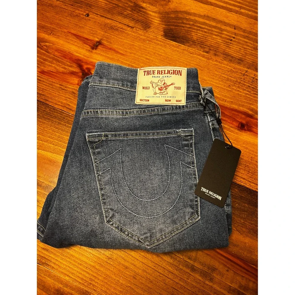 True Religion Bobby Applique Jeans Mens 32W 32L Medium Blaze Wash TR Logo NWT